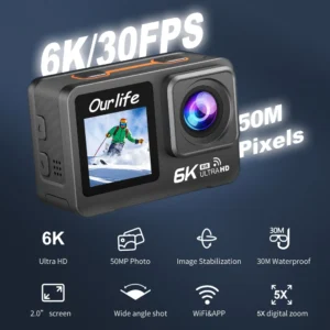 Action Camera 6K 5K 4K60FPS 170° Wide Angle 30M Waterproof Dual Screen Sport Camera EIS Bicycle Helmet Motorcycles Action Cam